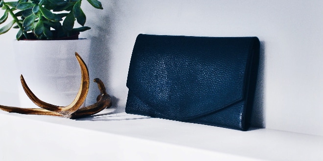 A black leather clutch is sitting on a shelf next to a potted plant.