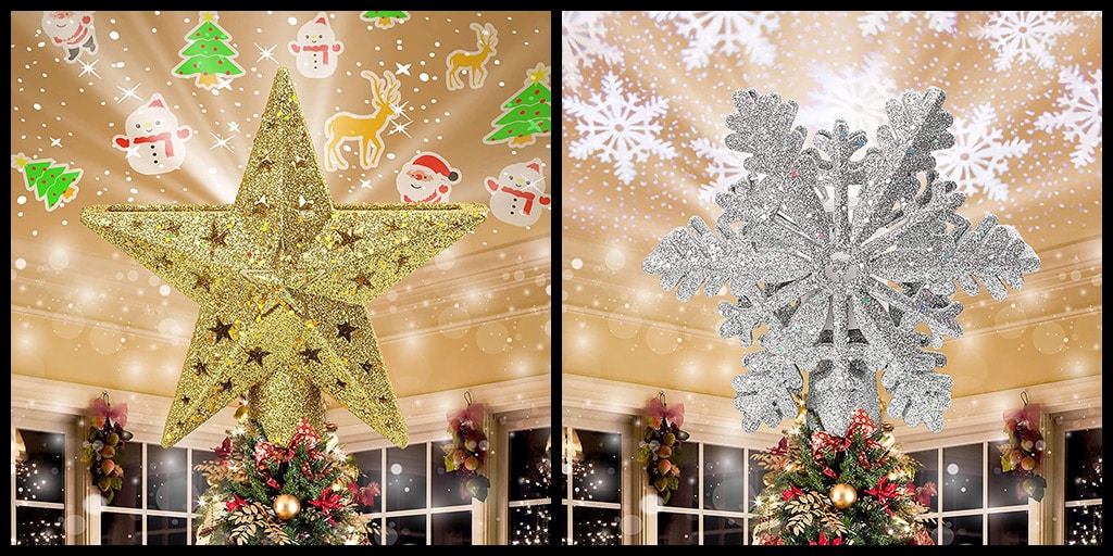 Two pictures of a christmas tree with a snowflake decoration.