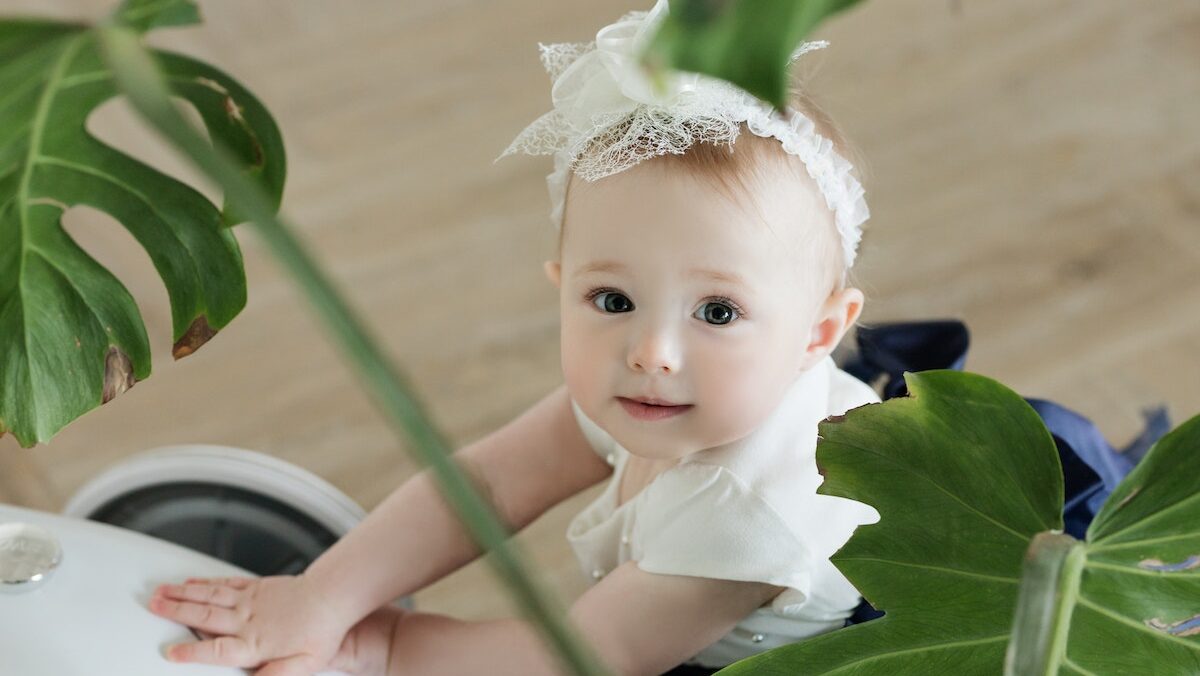 A baby in a white dress and headband is sitting on top of a plant.